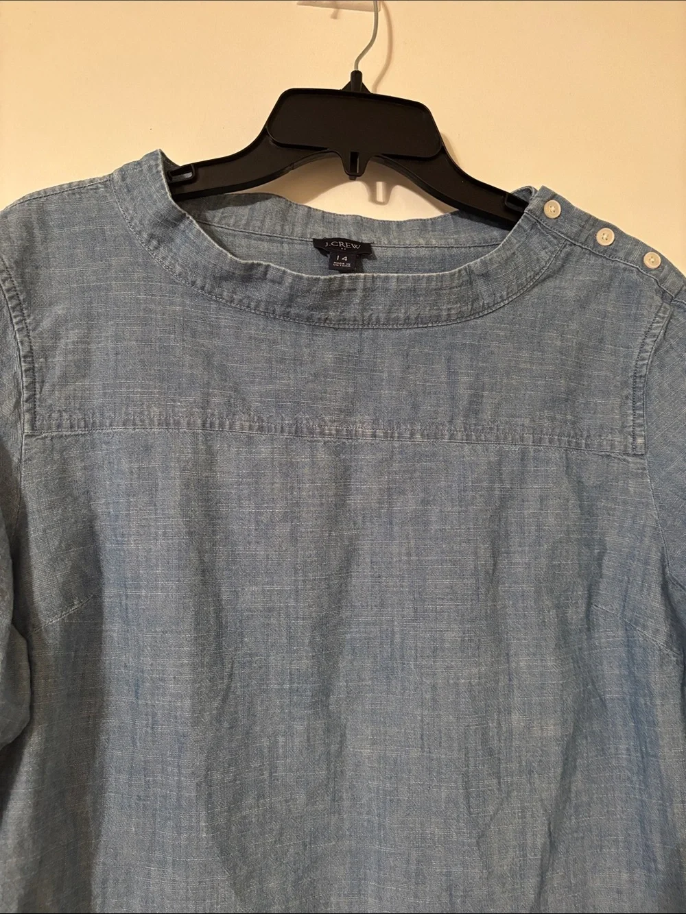 J. Crew Light Blue Chambray Button-Shoulder Long Sleeve Top